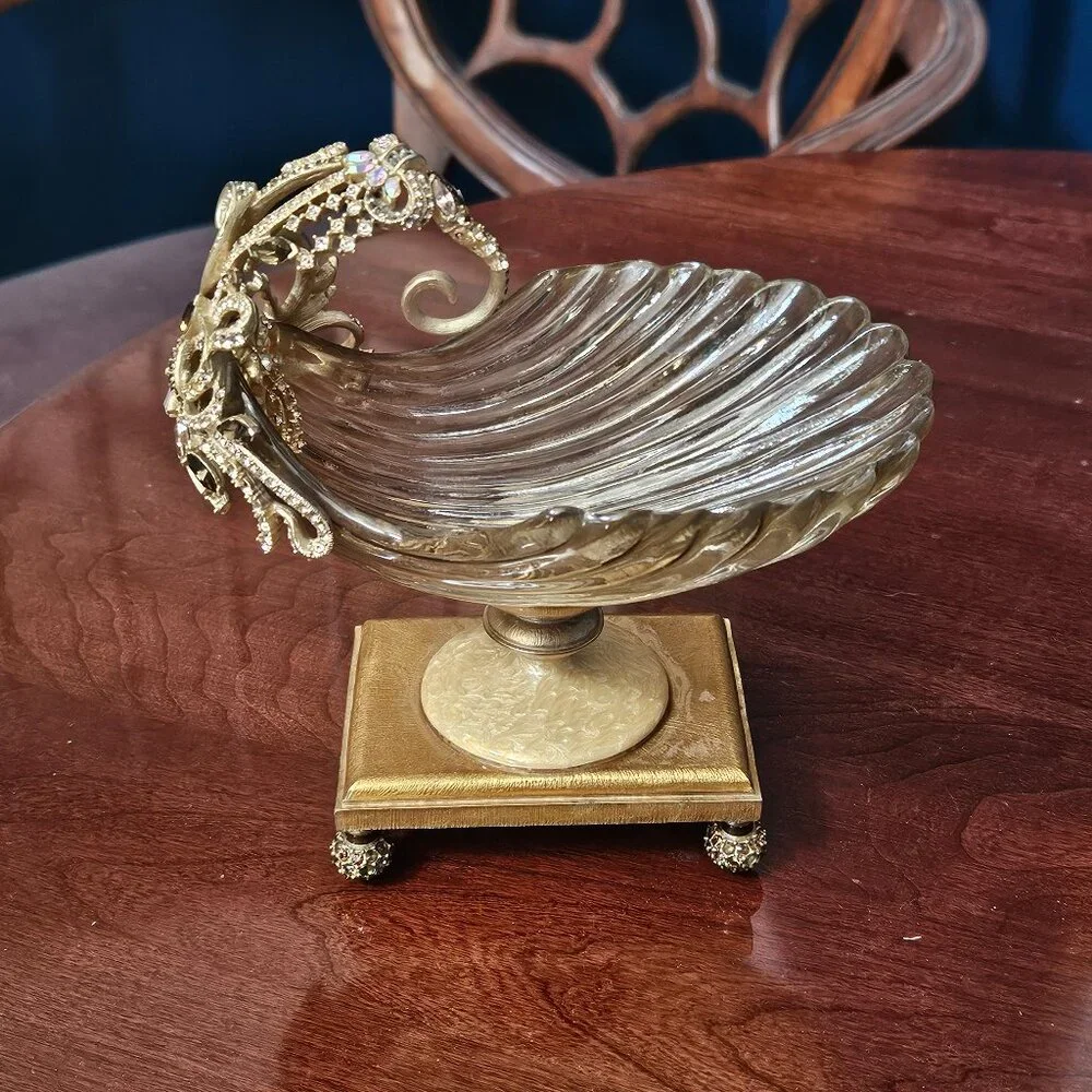 RARE JAY STRONGWATER BLUSH SCROLL CRYSTAL ENAMEL VANITY BATH DISH JEWELRY TRAY